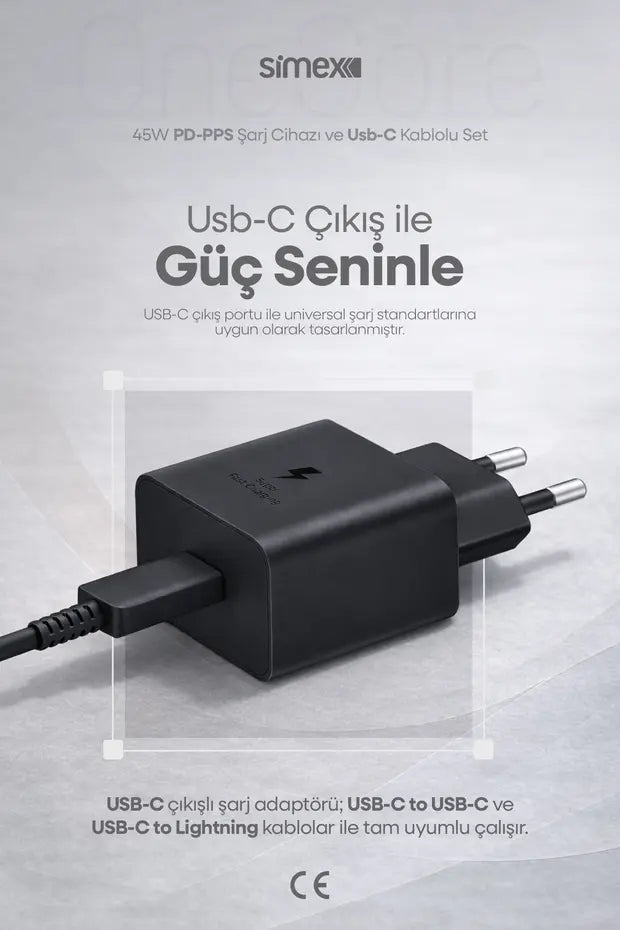 Samsung S22-S23-S24-S25-S26 Uyumlu 45W USB-C Şarj Seti Aleti Cihazı Adaptörü 5A Kablo